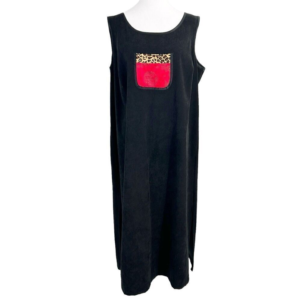 Positive Attitude Petite Maxi Dress Sz 18 Black Red Patch Microsuede VTG - Picture 1 of 11